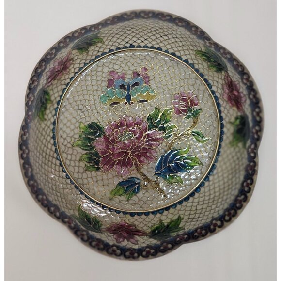 Cloisonne Plique-a-Jour Bowl & Covered Incense Burner Floral Butterfly Design - Picture 5 of 15
